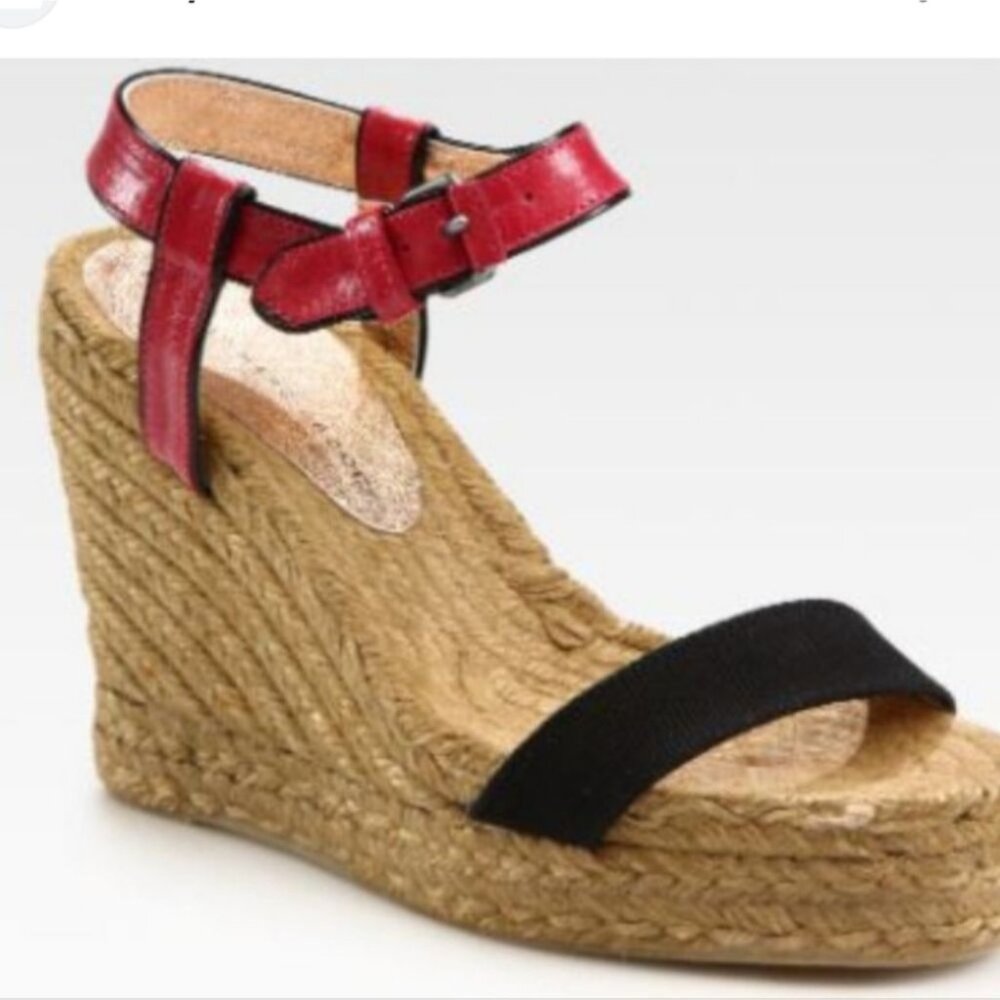MARC JACOBS| Leather Raffia Wedge Sandals Espadrilles pink black sz 40